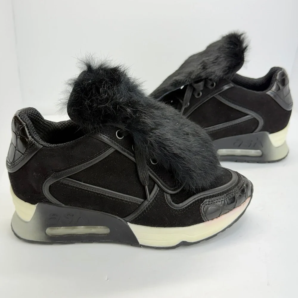 Ash Wedge Sneakers Women 36(6) Black Faux Fur Croc Embossed Suede Platform Shoes